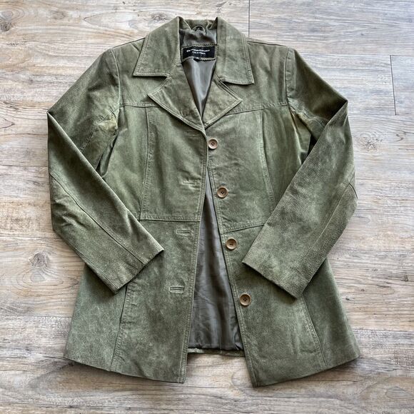beyond sport Jackets & Blazers - Leather Jacket Suede Vintage Women's Medium Green Button Up Mid Thigh Fall Coat